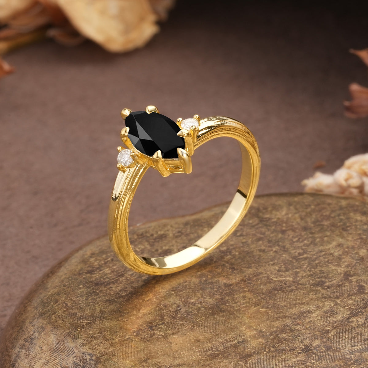 Classic Luxury 6-Prong Marquise Cut Three Stone Black Onyx Engagement Ring - Additional view