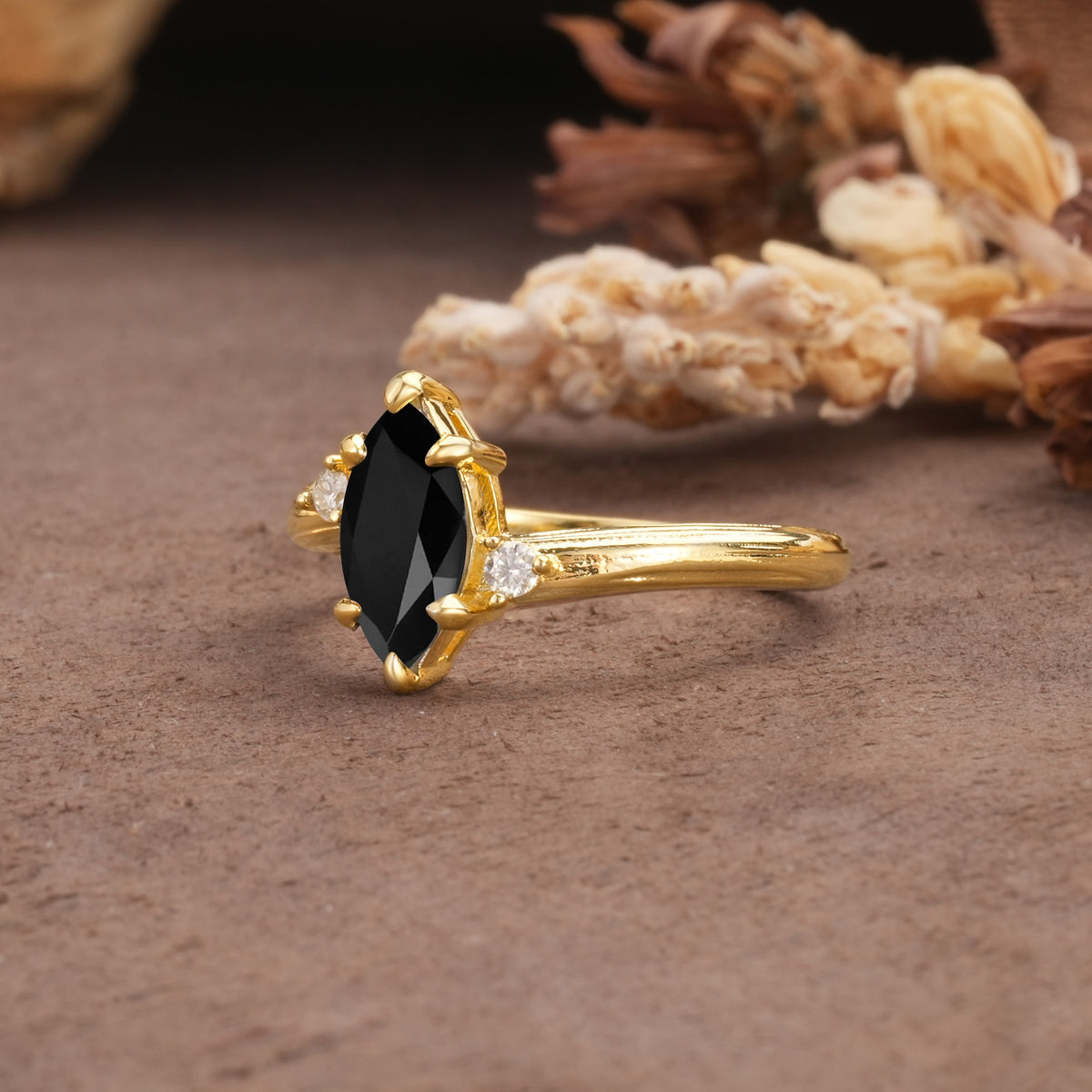 Classic Luxury 6-Prong Marquise Cut Three Stone Black Onyx Engagement Ring - Additional view