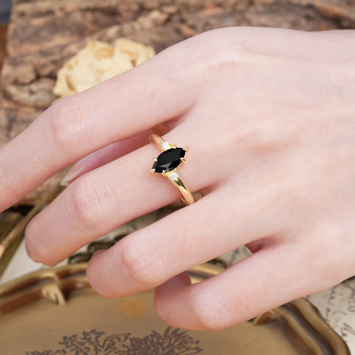 Classic Luxury 6-Prong Marquise Cut Three Stone Black Onyx Engagement Ring - Additional view