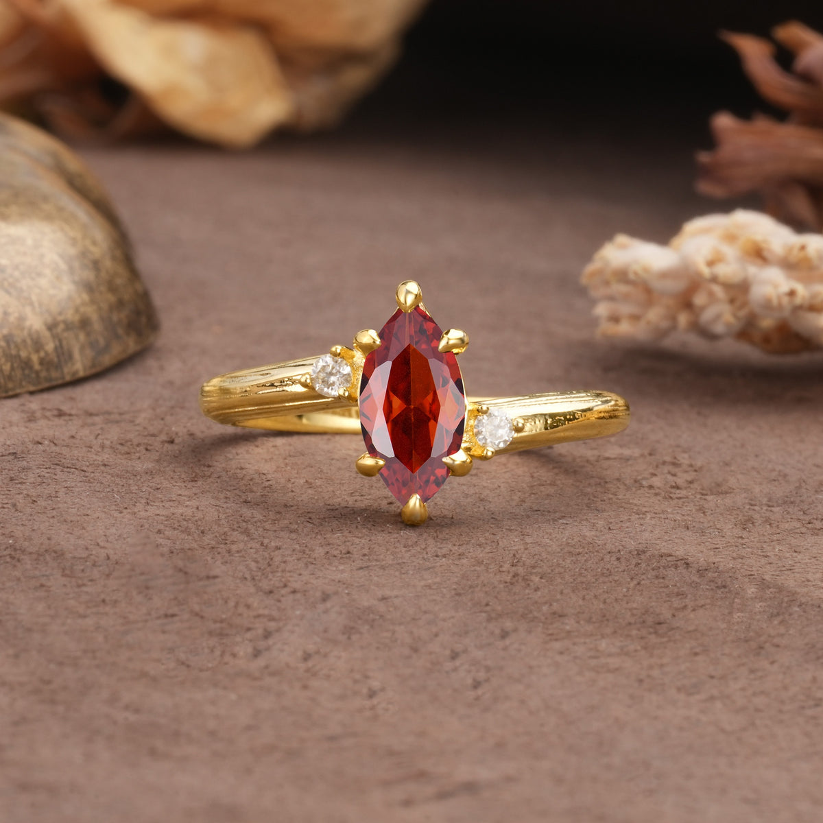 Classic Luxury 6-Prong Marquise Cut Three Stone Garnet Engagement Ring - Additional view
