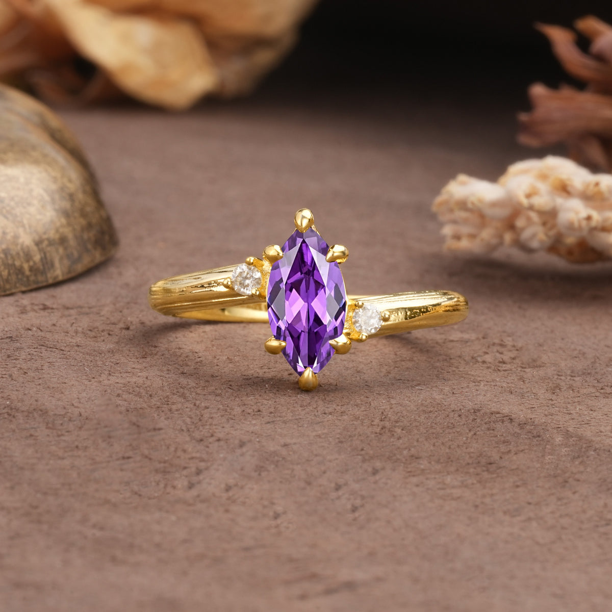 Classic Luxury 6-Prong Marquise Cut Three Stone Amethyst Engagement Ring - Additional view