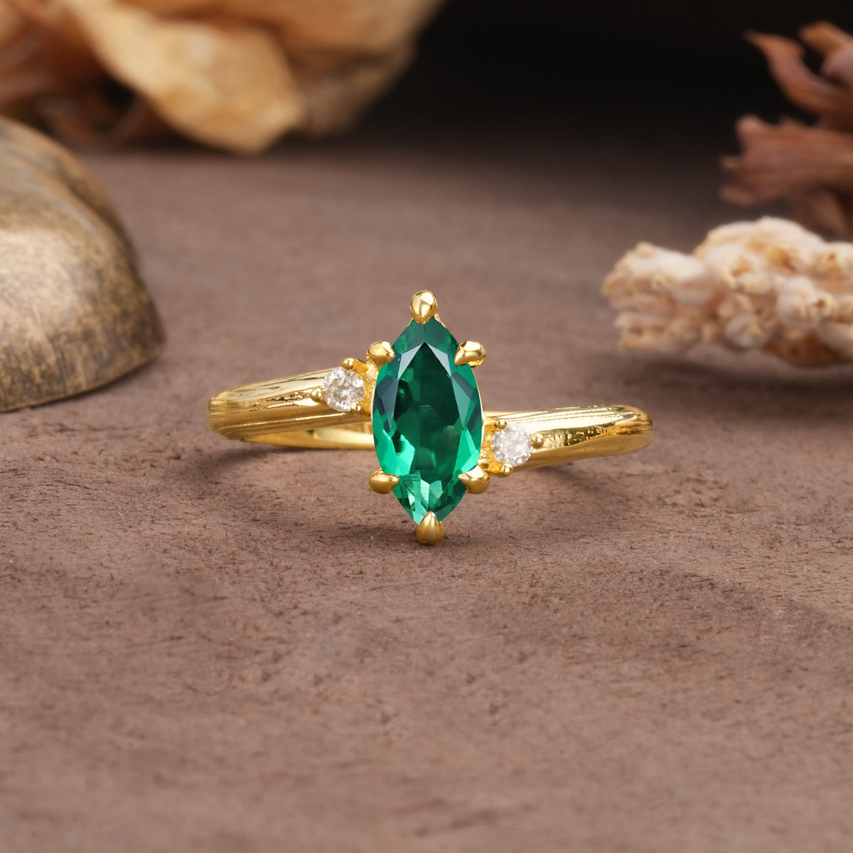 Classic Luxury 6-Prong Marquise Cut Three Stone Emerald Engagement Ring - Additional view