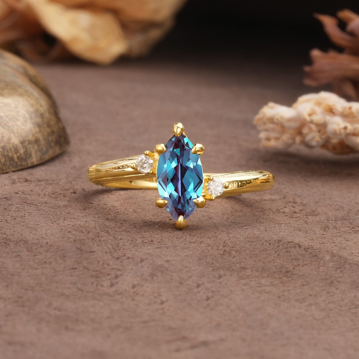 Classic Luxury 6-Prong Marquise Cut Three Stone Alexandrite Engagement Ring - Additional view