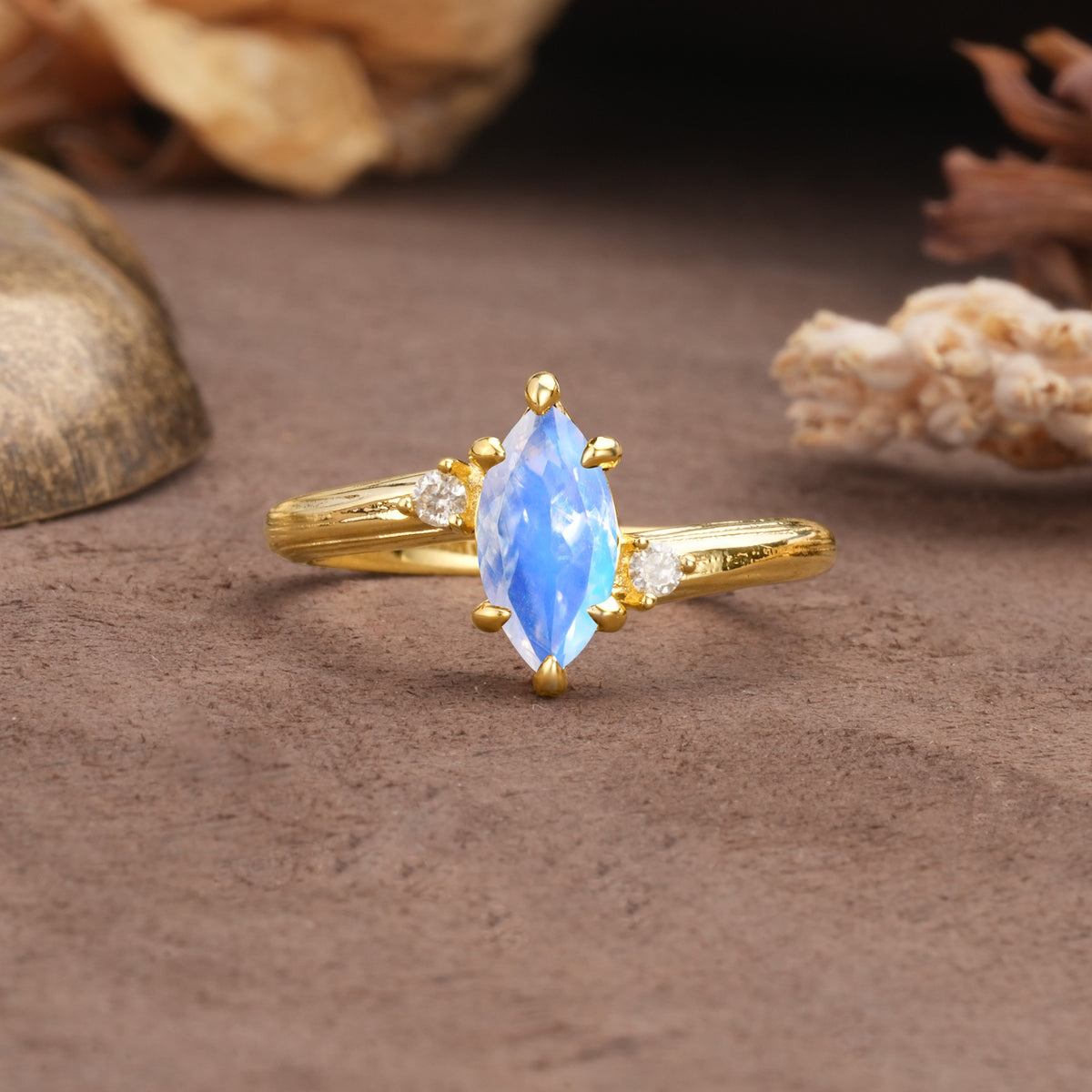 Classic Luxury 6-Prong Marquise Cut Three Stone Moonstone Engagement Ring - Additional view