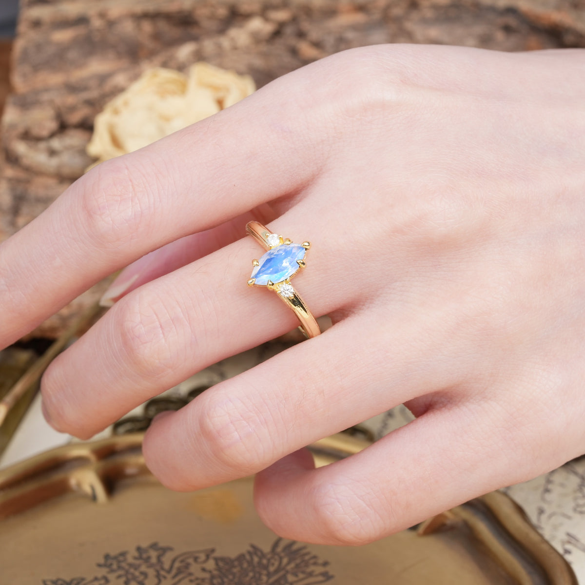Classic Luxury 6-Prong Marquise Cut Three Stone Moonstone Engagement Ring - Additional view