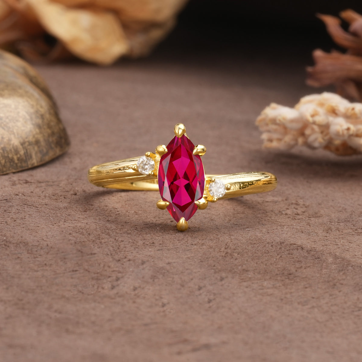 Classic Luxury 6-Prong Marquise Cut Three Stone Ruby Engagement Ring - Additional view