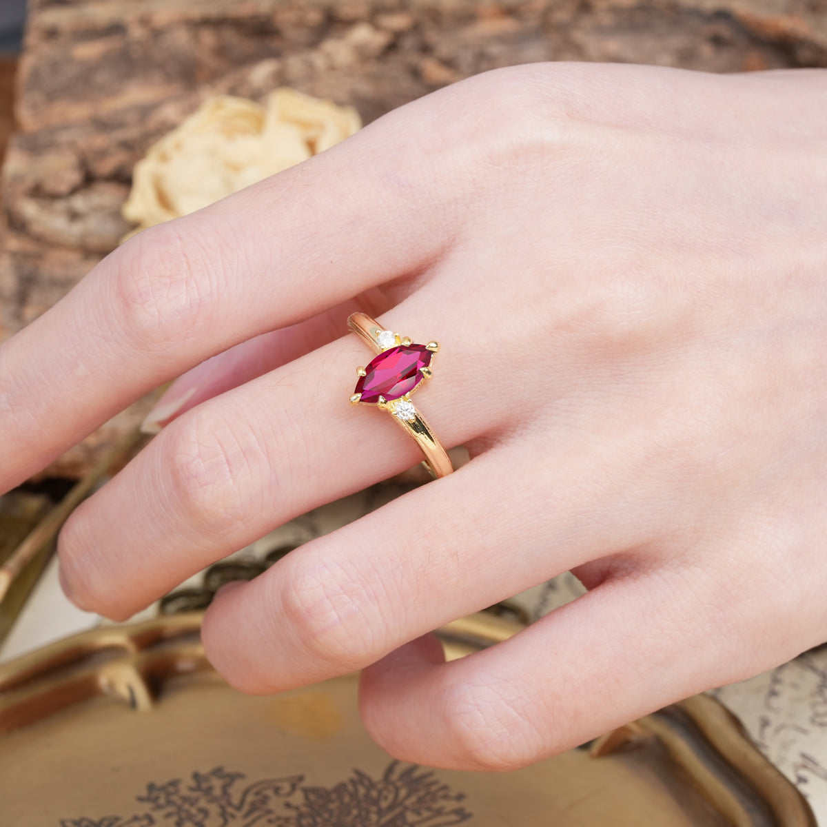 Classic Luxury 6-Prong Marquise Cut Three Stone Ruby Engagement Ring - Additional view