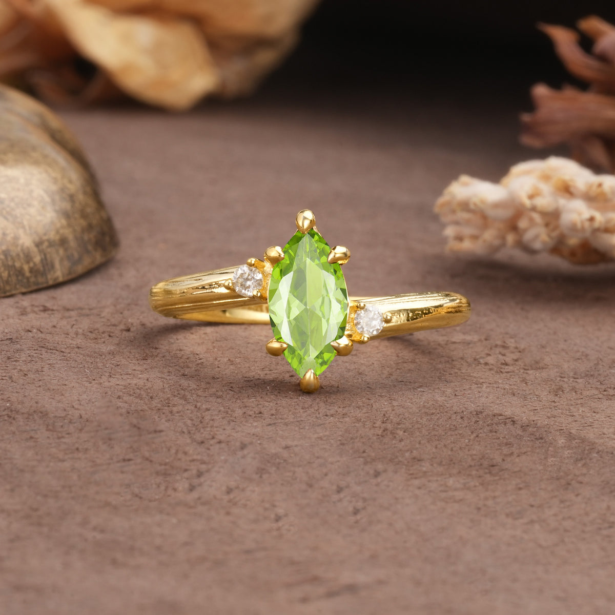 Classic Luxury 6-Prong Marquise Cut Three Stone Peridot Engagement Ring - Additional view