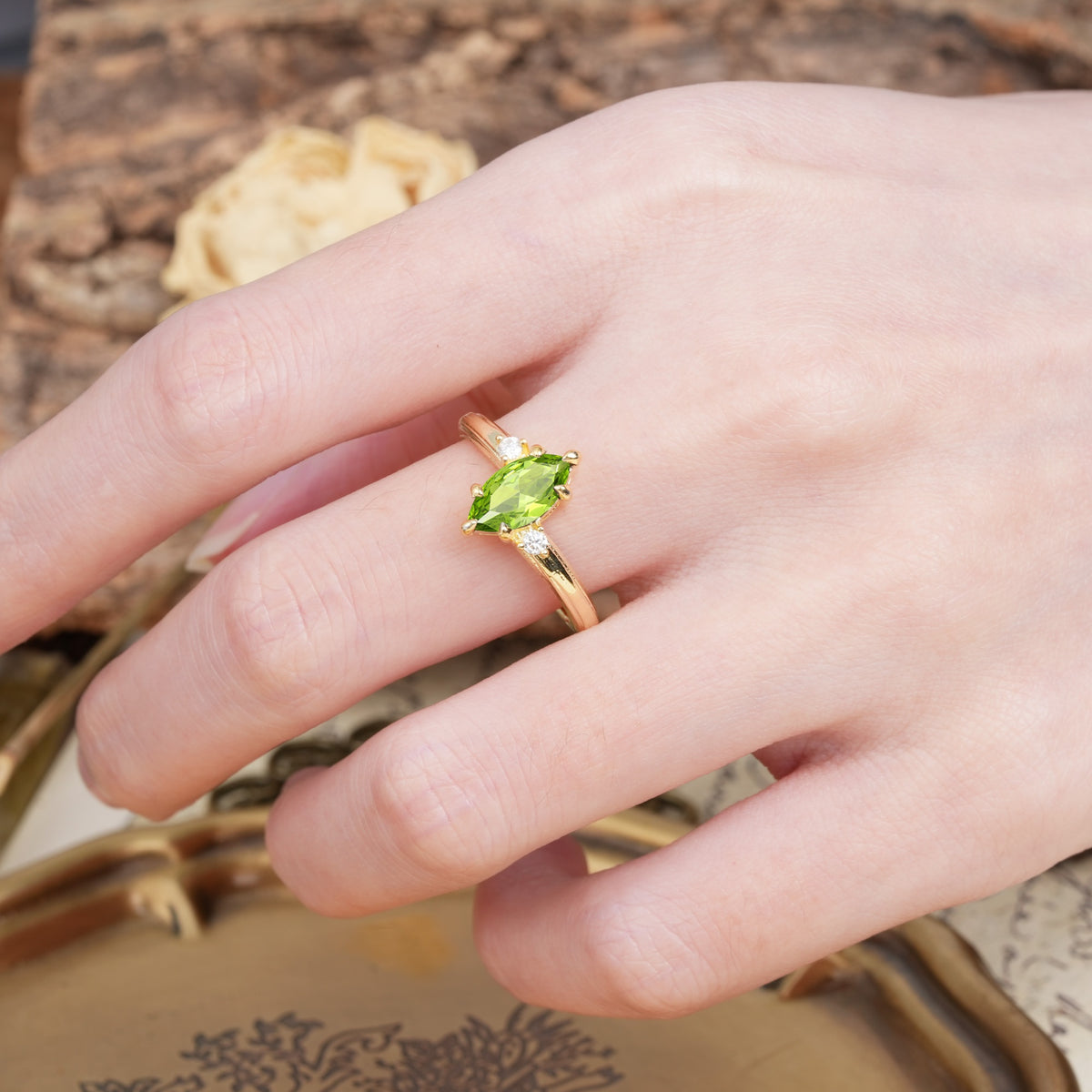 Classic Luxury 6-Prong Marquise Cut Three Stone Peridot Engagement Ring - Additional view