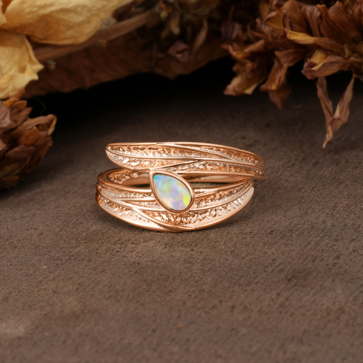 Nature-Inspired Inset Pear Cut Fire Opal Engagement Ring - Additional view