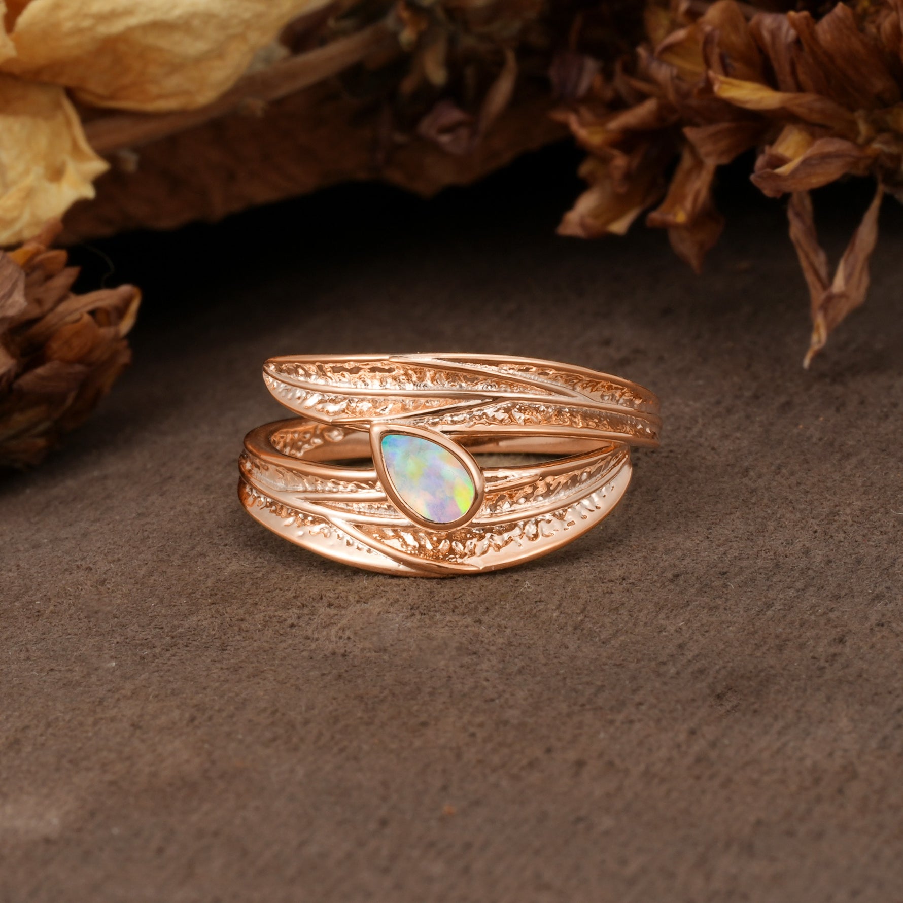 Nature-Inspired Inset Pear Cut Fire Opal Engagement Ring - Additional view