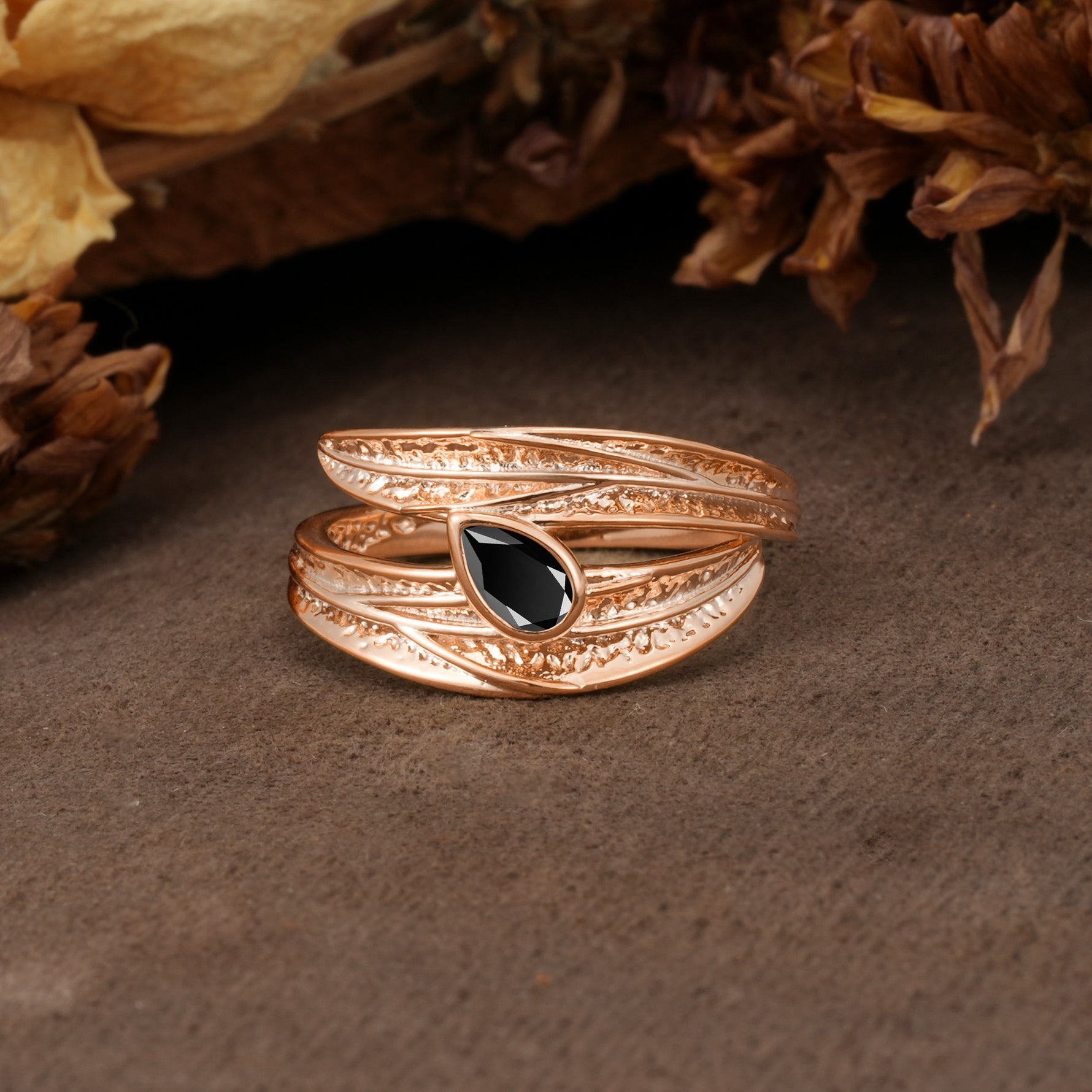 Nature-Inspired Inset Pear Cut Black Onyx Engagement Ring - Additional view