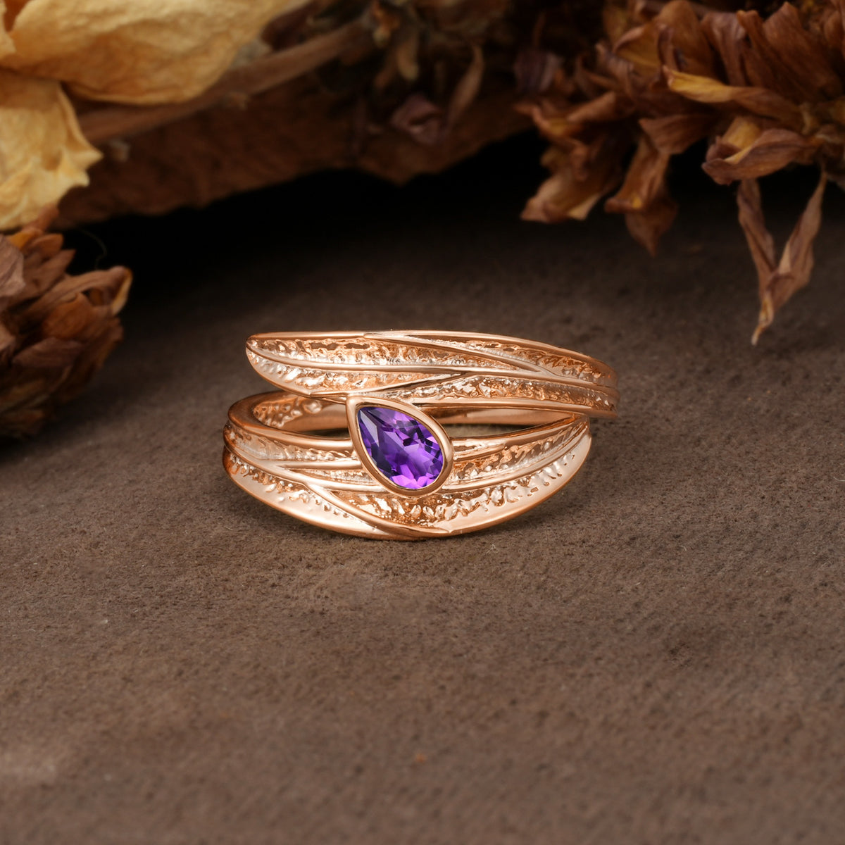 Nature-Inspired Inset Pear Cut Amethyst Engagement Ring - Additional view