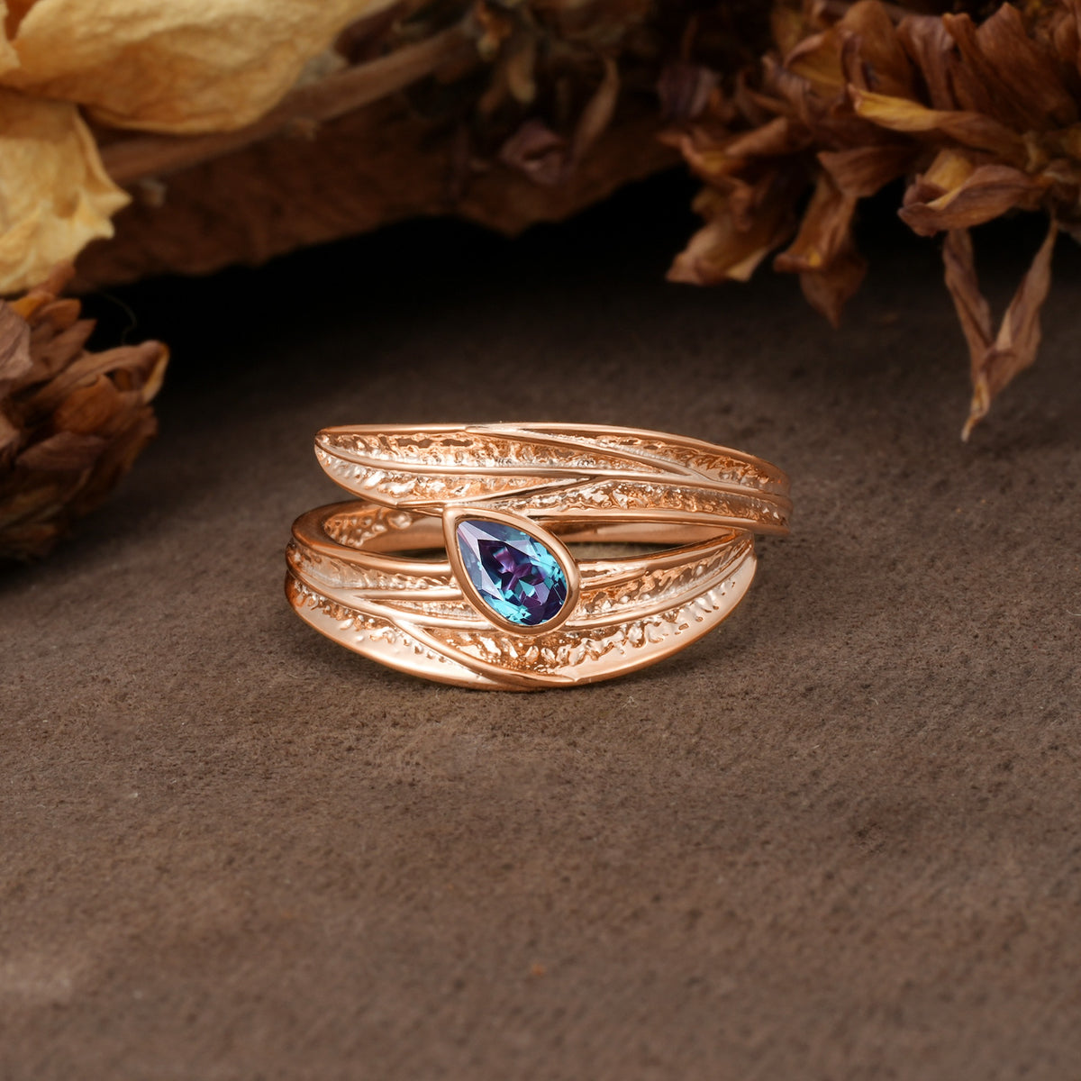 Nature-Inspired Inset Pear Cut Alexandrite Engagement Ring - Additional view