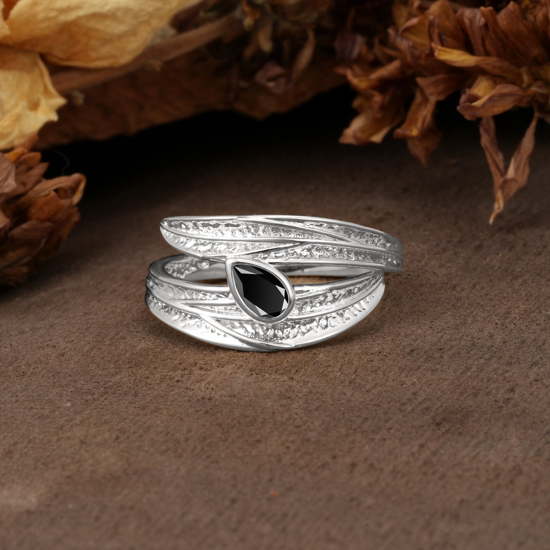 Nature-Inspired Inset Pear Cut Black Onyx Engagement Ring - Additional view