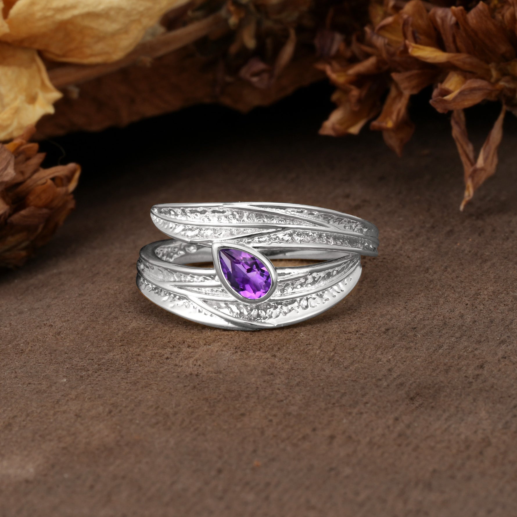 Nature-Inspired Inset Pear Cut Amethyst Engagement Ring - Additional view