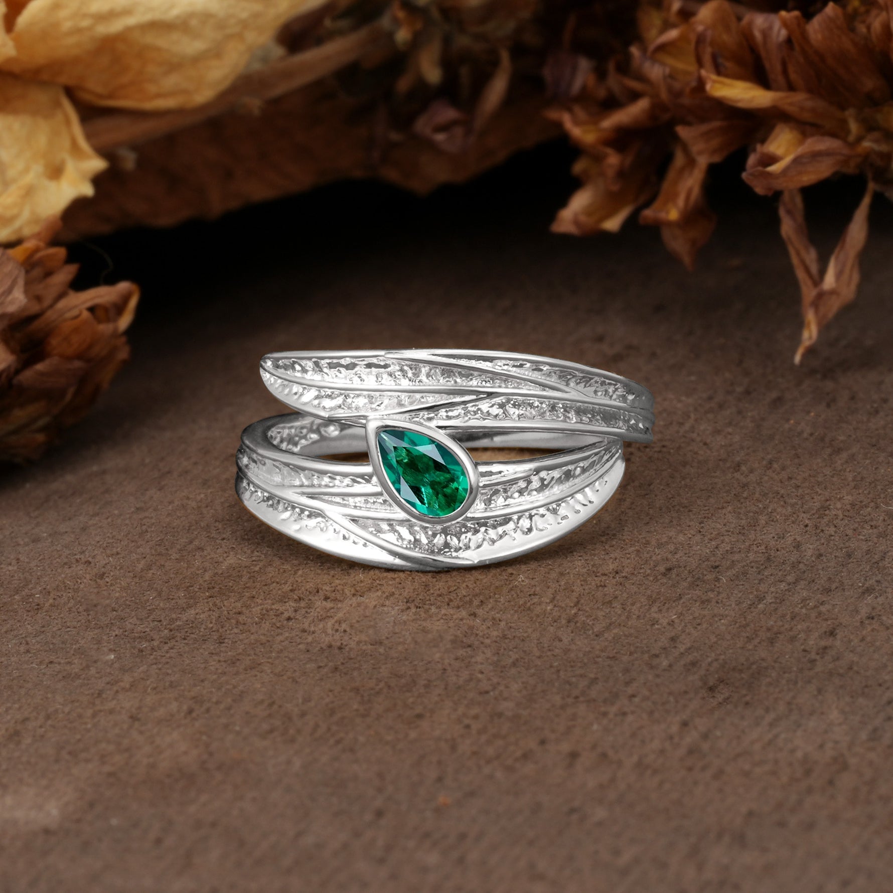 Nature-Inspired Inset Pear Cut Emerald Engagement Ring - Additional view