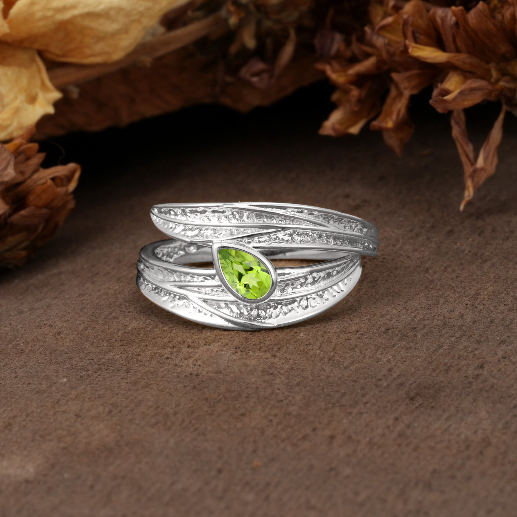 Nature-Inspired Inset Pear Cut Peridot Engagement Ring - Additional view
