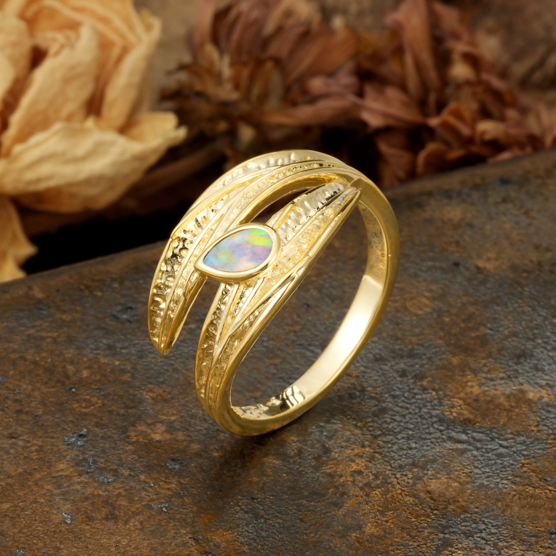 Nature-Inspired Inset Pear Cut Fire Opal Engagement Ring - Additional view