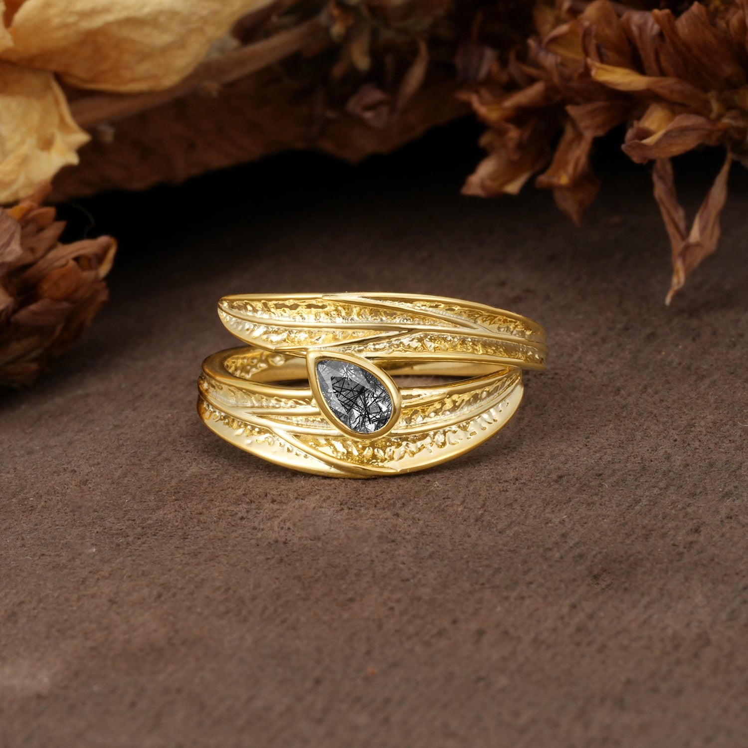 Nature-Inspired Inset Pear Cut Black Rutilated Quartz Engagement Ring - Additional view