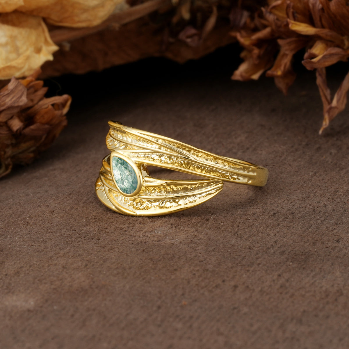 Nature-Inspired Inset Pear Cut Moss Agate Engagement Ring - Additional view
