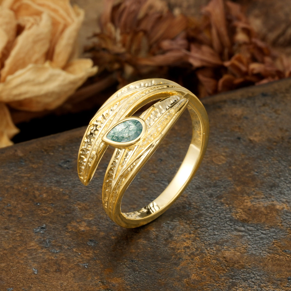 Nature-Inspired Inset Pear Cut Moss Agate Engagement Ring - Additional view