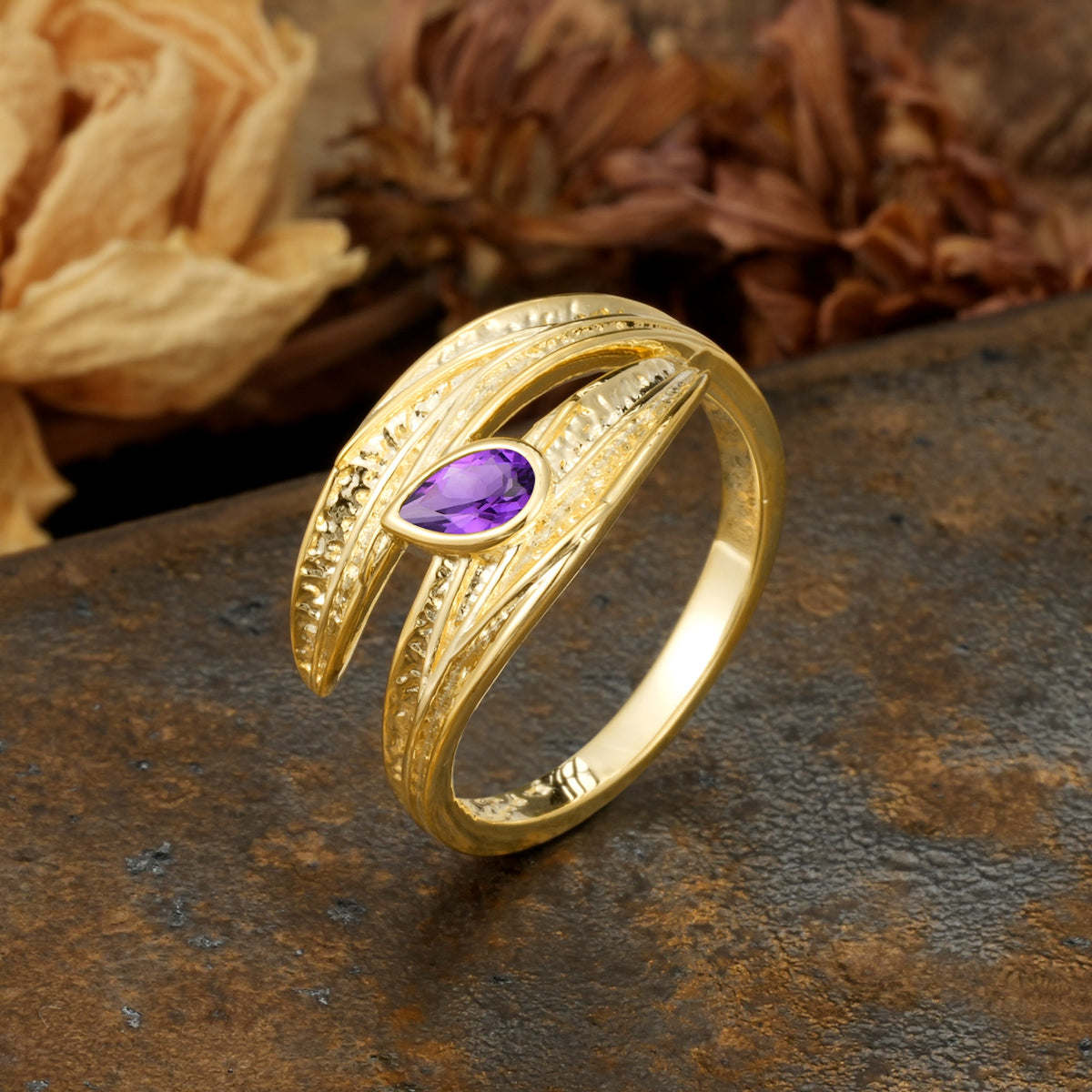 Nature-Inspired Inset Pear Cut Amethyst Engagement Ring - Additional view
