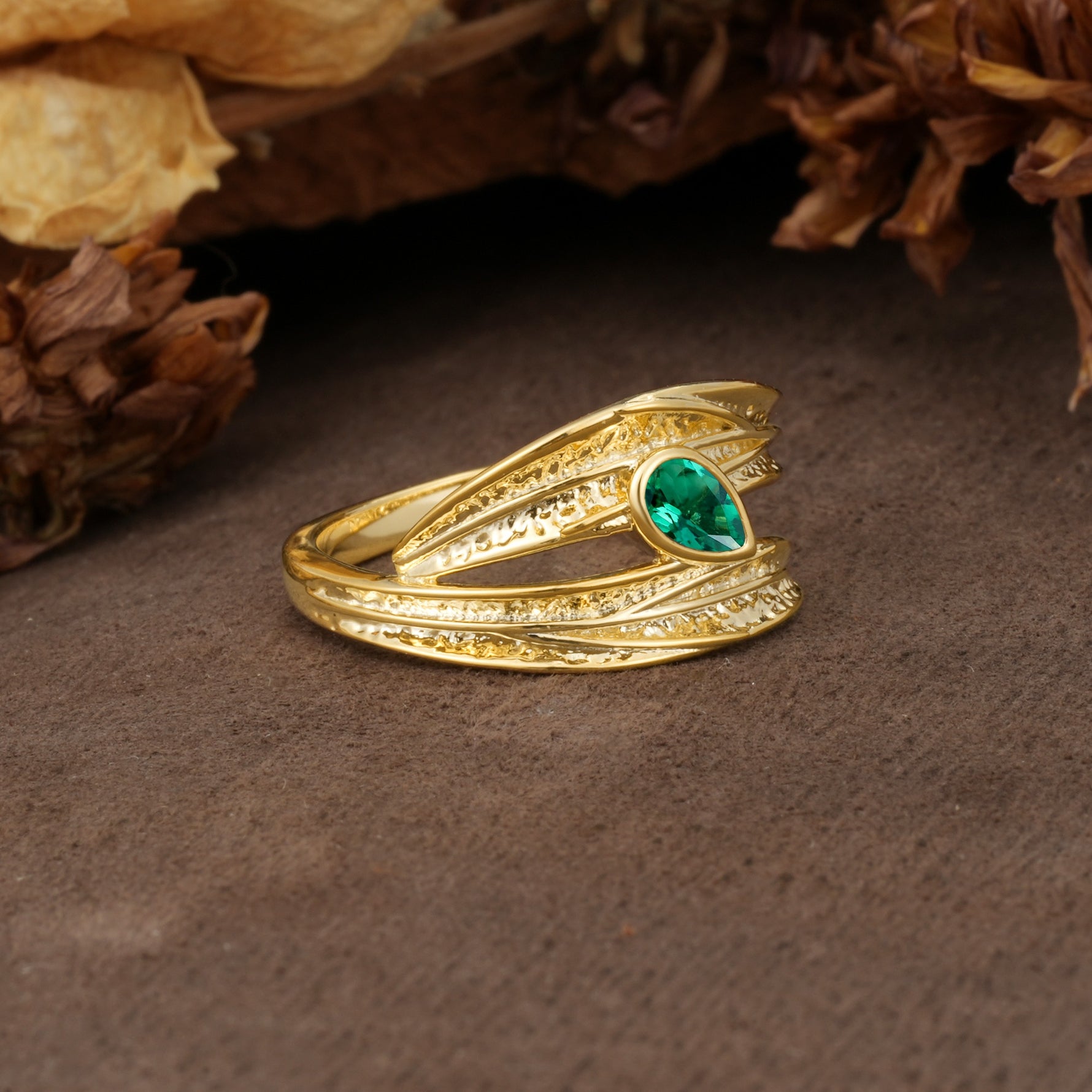 Nature-Inspired Inset Pear Cut Emerald Engagement Ring - Additional view