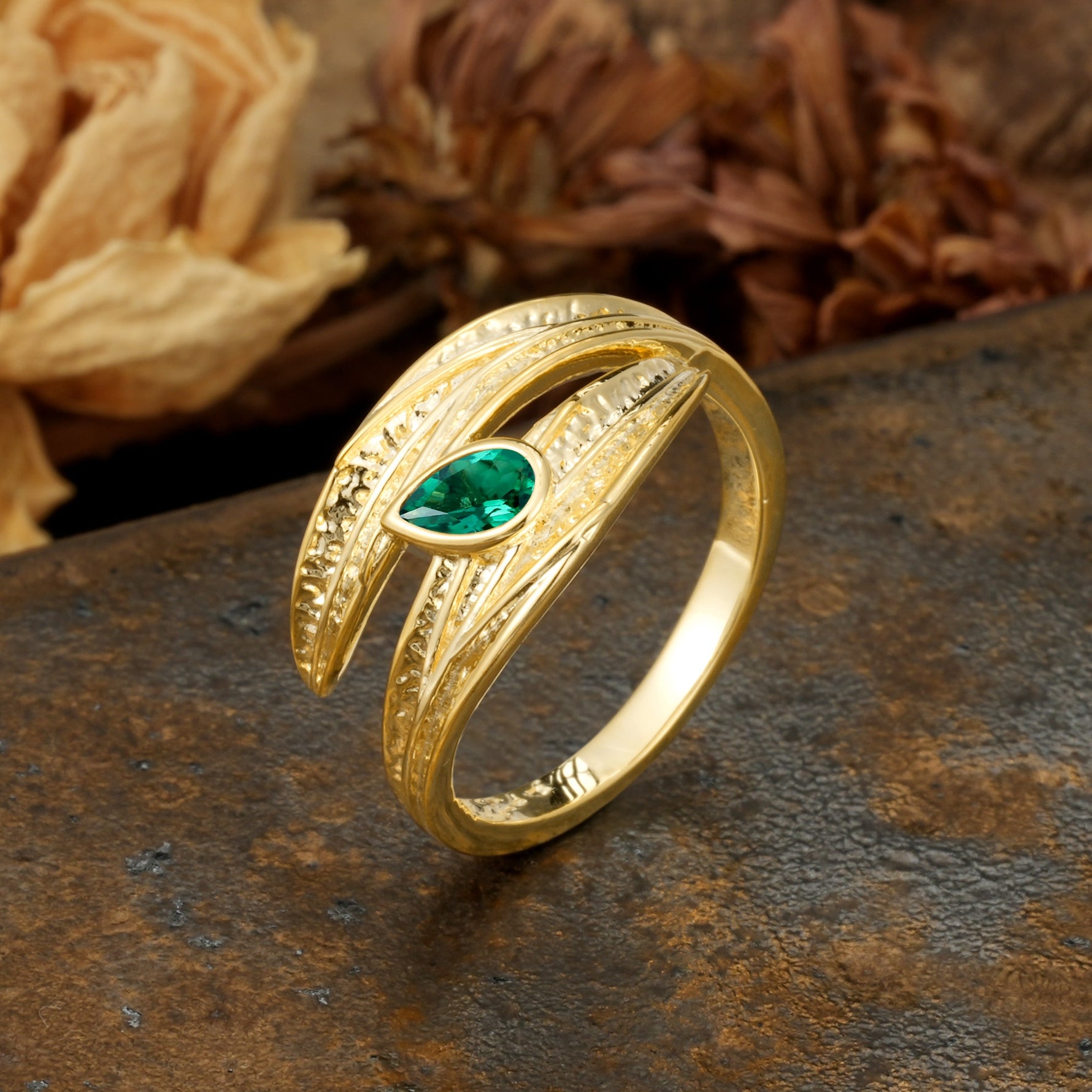 Nature-Inspired Inset Pear Cut Emerald Engagement Ring - Additional view