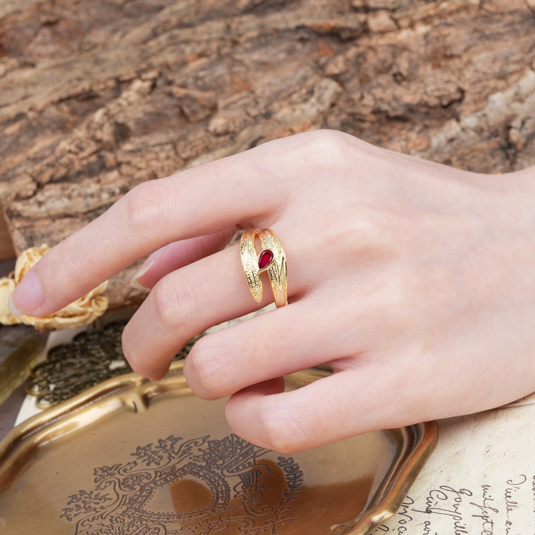 Nature-Inspired Inset Pear Cut Ruby Engagement Ring - Additional view