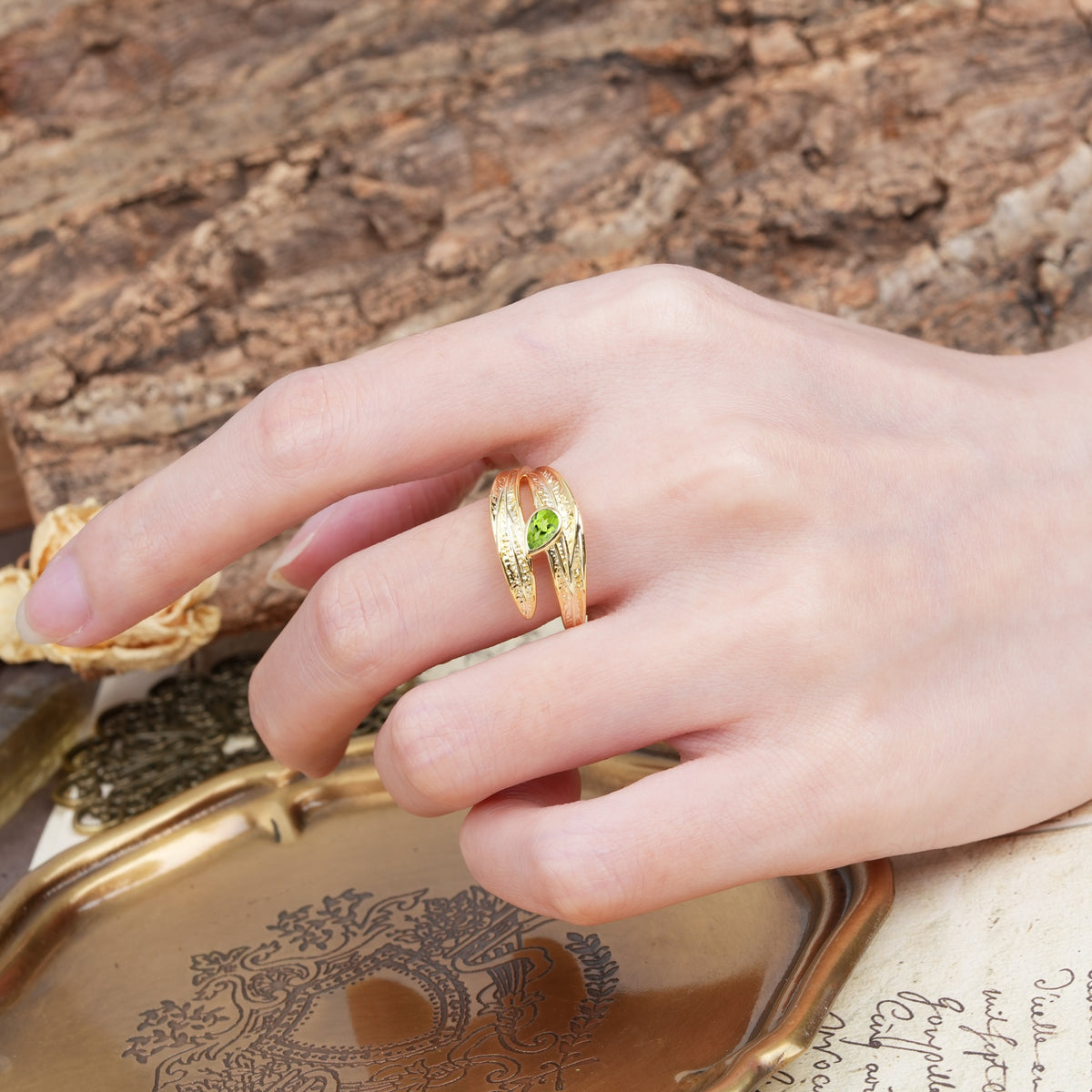 Nature-Inspired Inset Pear Cut Peridot Engagement Ring - Additional view
