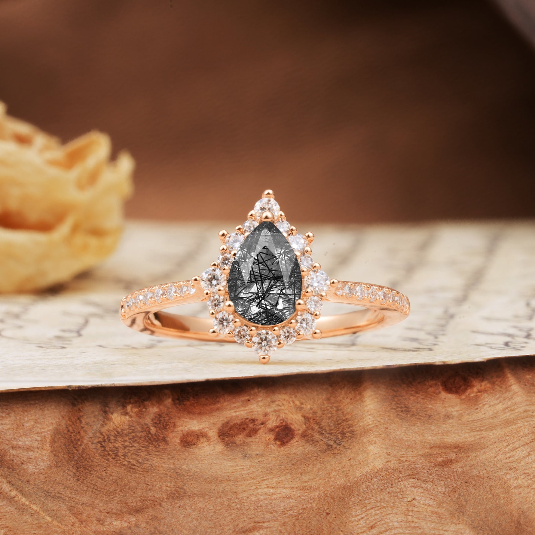 Vintage Classic 3-Prong Pear Cut Black Rutilated Quartz Engagement Ring - Additional view