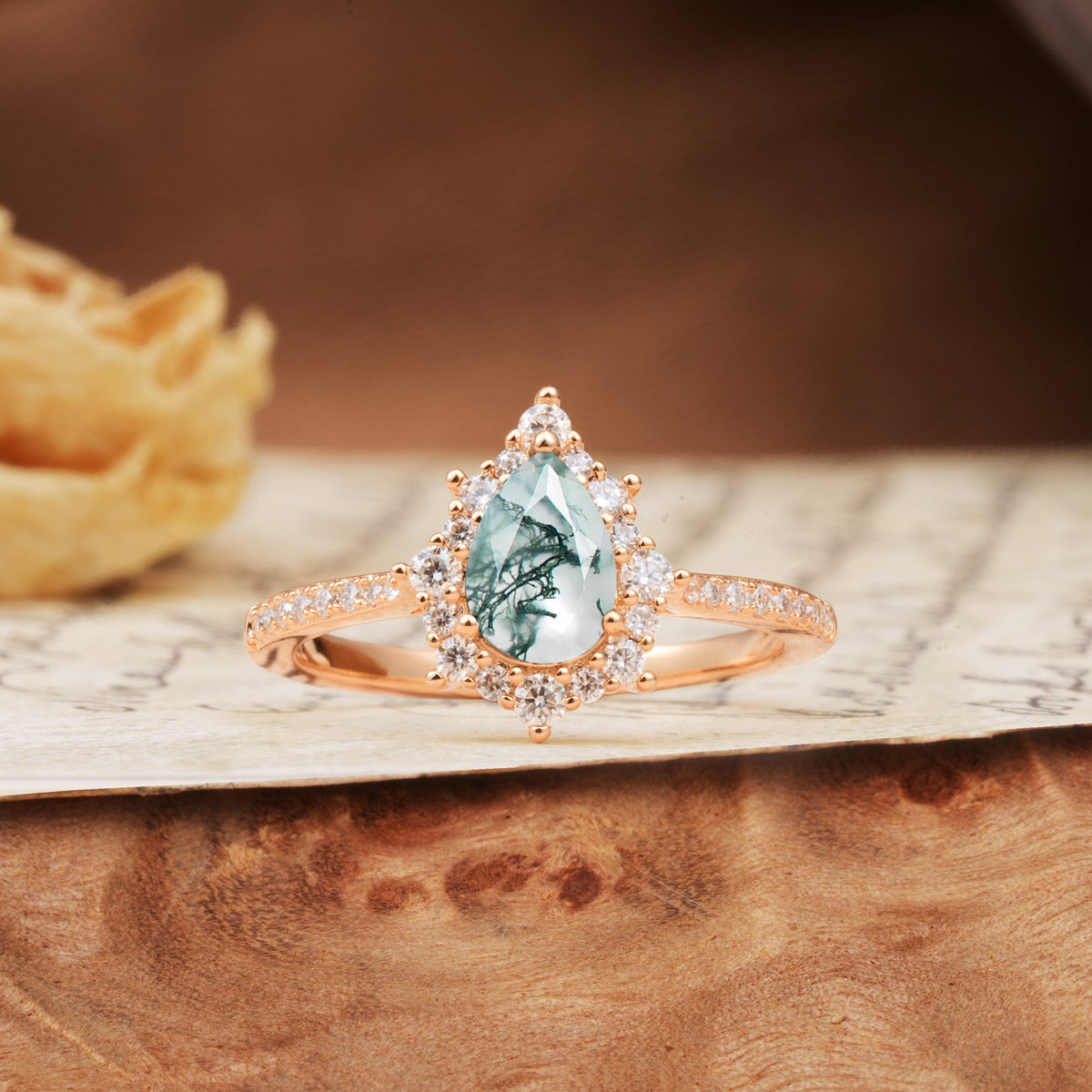 Vintage Classic 3-Prong Pear Cut Moss Agate Engagement Ring - Additional view