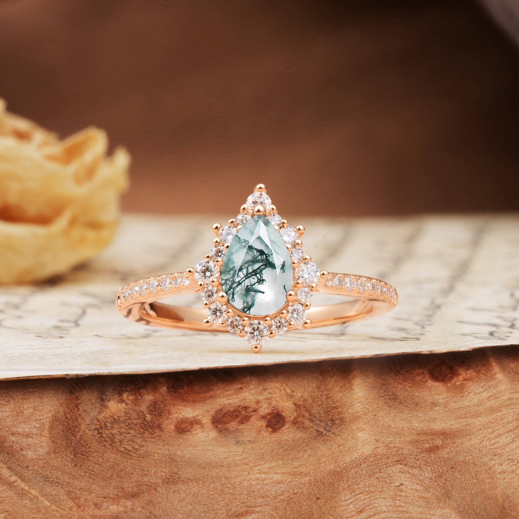 Vintage Classic 3-Prong Pear Cut Moss Agate Engagement Ring - Additional view
