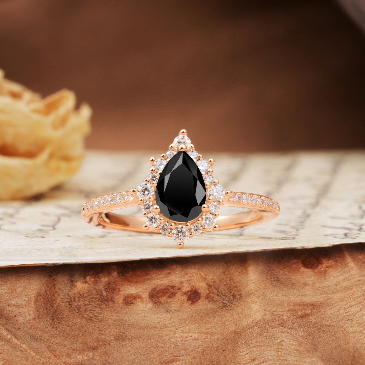 Vintage Classic 3-Prong Pear Cut Black Onyx Engagement Ring - Additional view