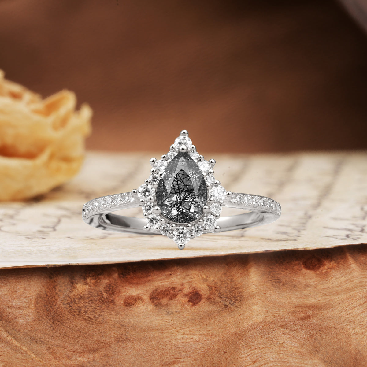 Vintage Classic 3-Prong Pear Cut Black Rutilated Quartz Engagement Ring - Additional view