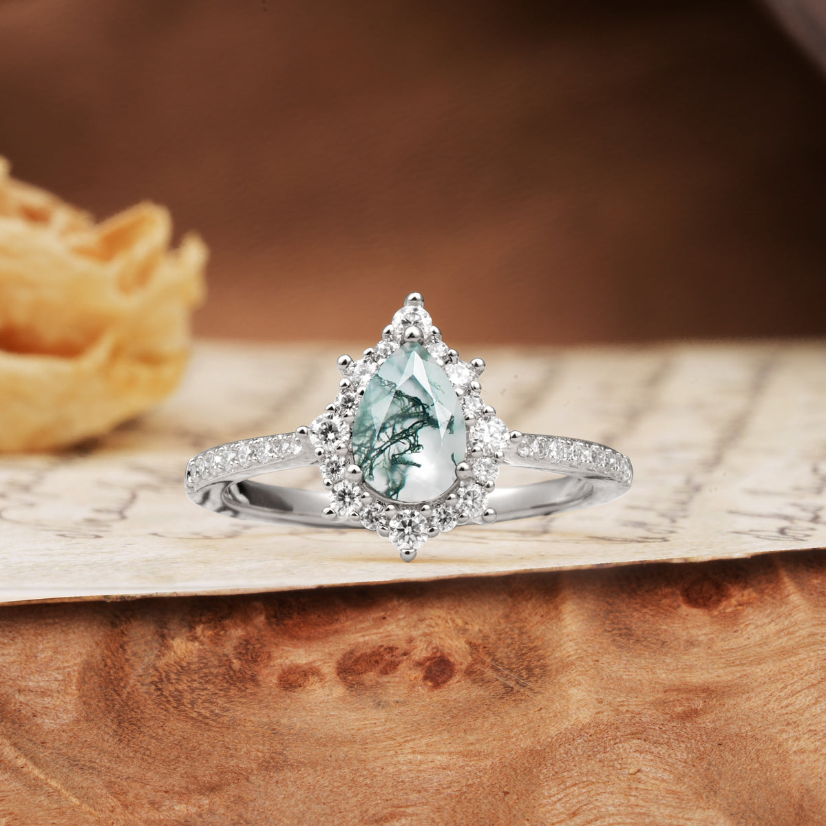 Vintage Classic 3-Prong Pear Cut Moss Agate Engagement Ring - Additional view