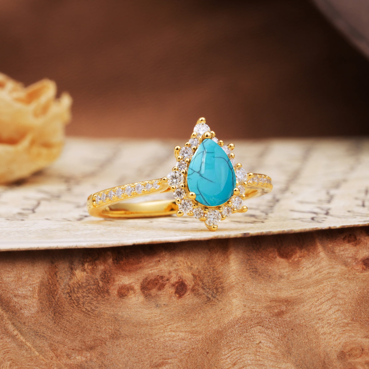 Vintage Classic 3-Prong Pear Cut Turquoise Engagement Ring - Additional view
