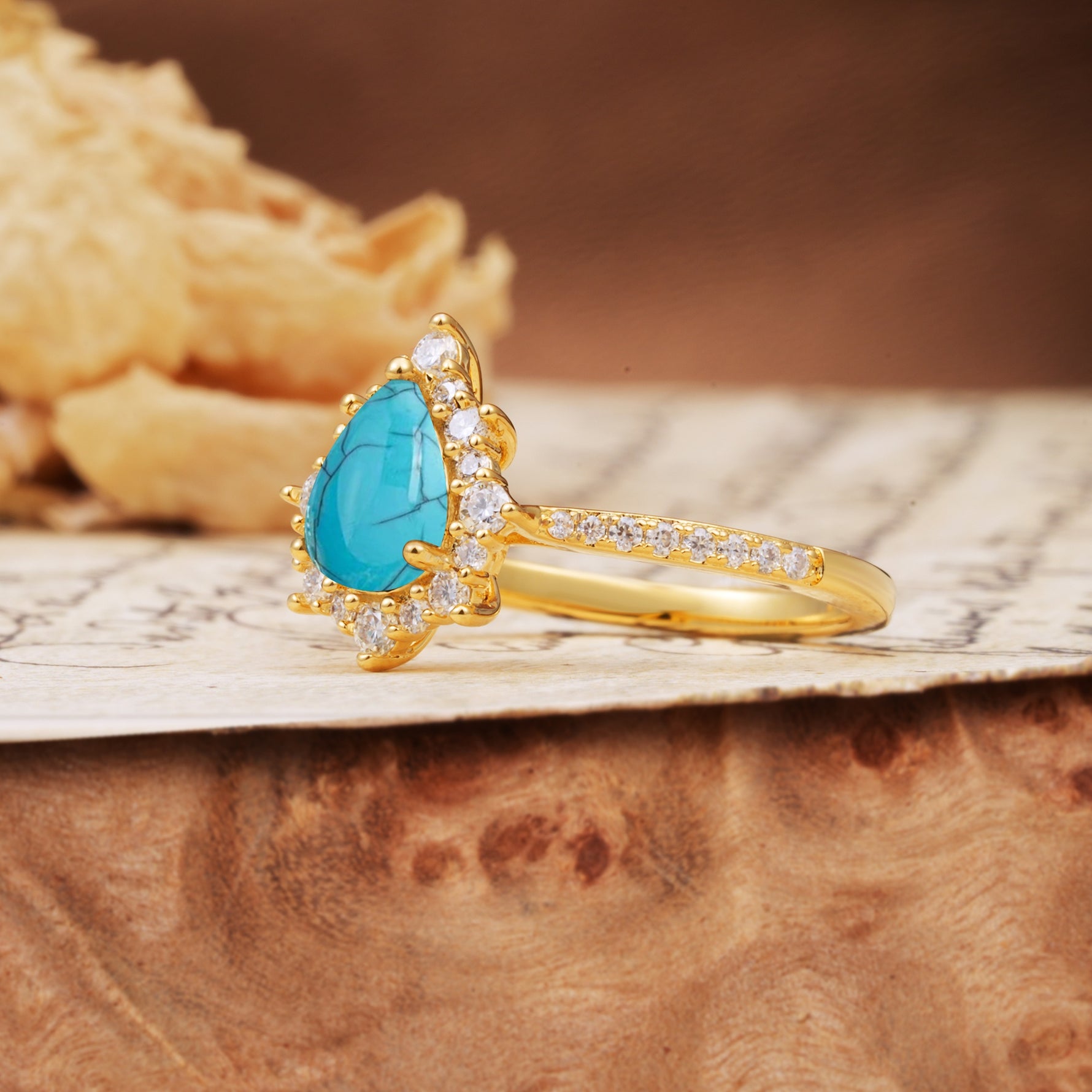 Vintage Classic 3-Prong Pear Cut Turquoise Engagement Ring - Additional view