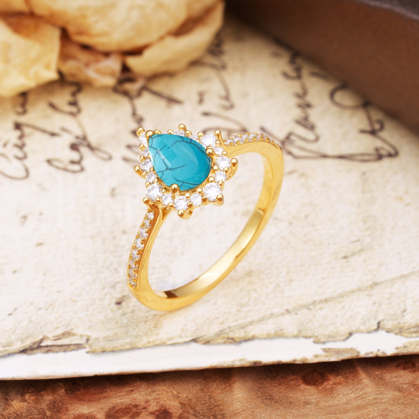 Vintage Classic 3-Prong Pear Cut Turquoise Engagement Ring - Additional view