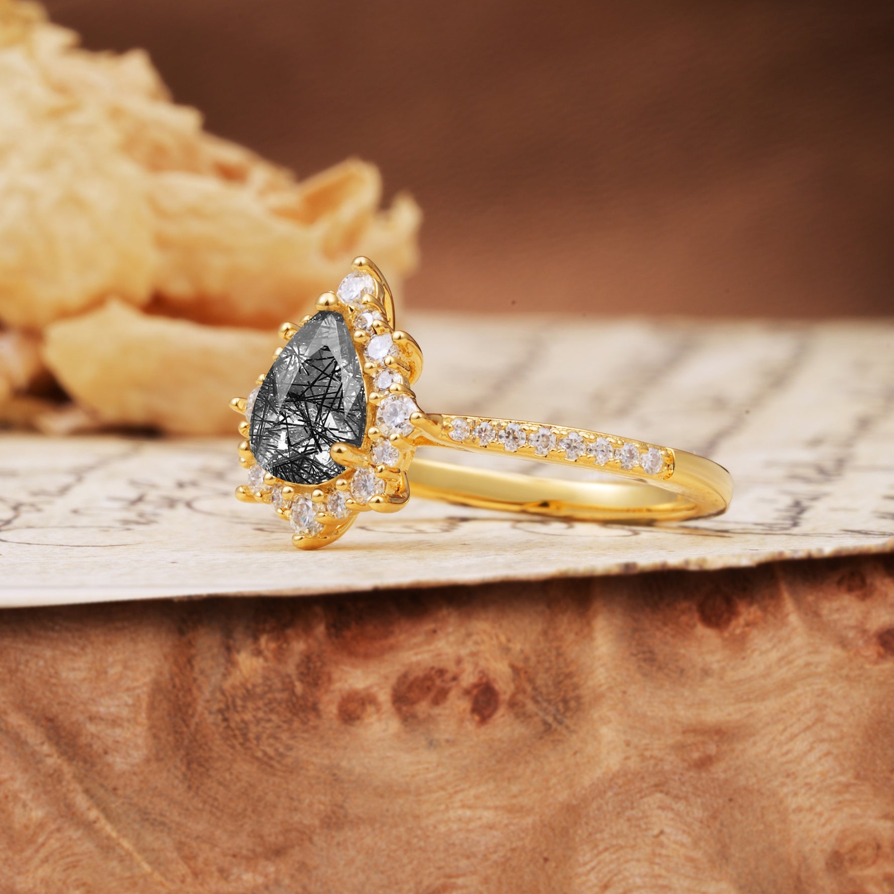 Vintage Classic 3-Prong Pear Cut Black Rutilated Quartz Engagement Ring - Additional view
