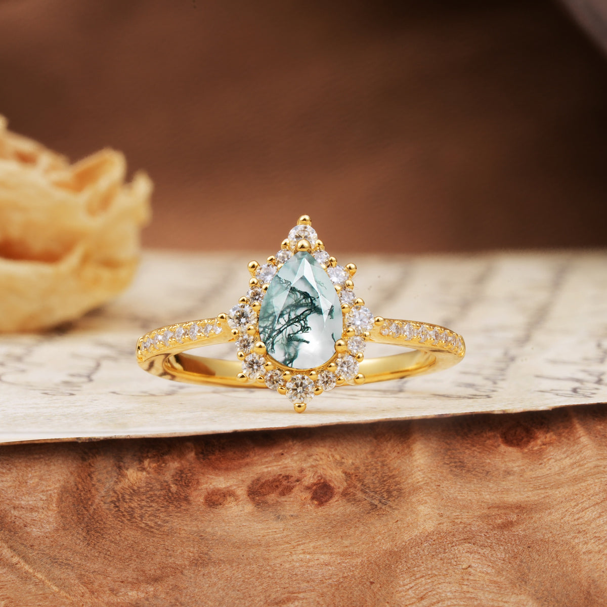Vintage Classic 3-Prong Pear Cut Moss Agate Engagement Ring - Additional view