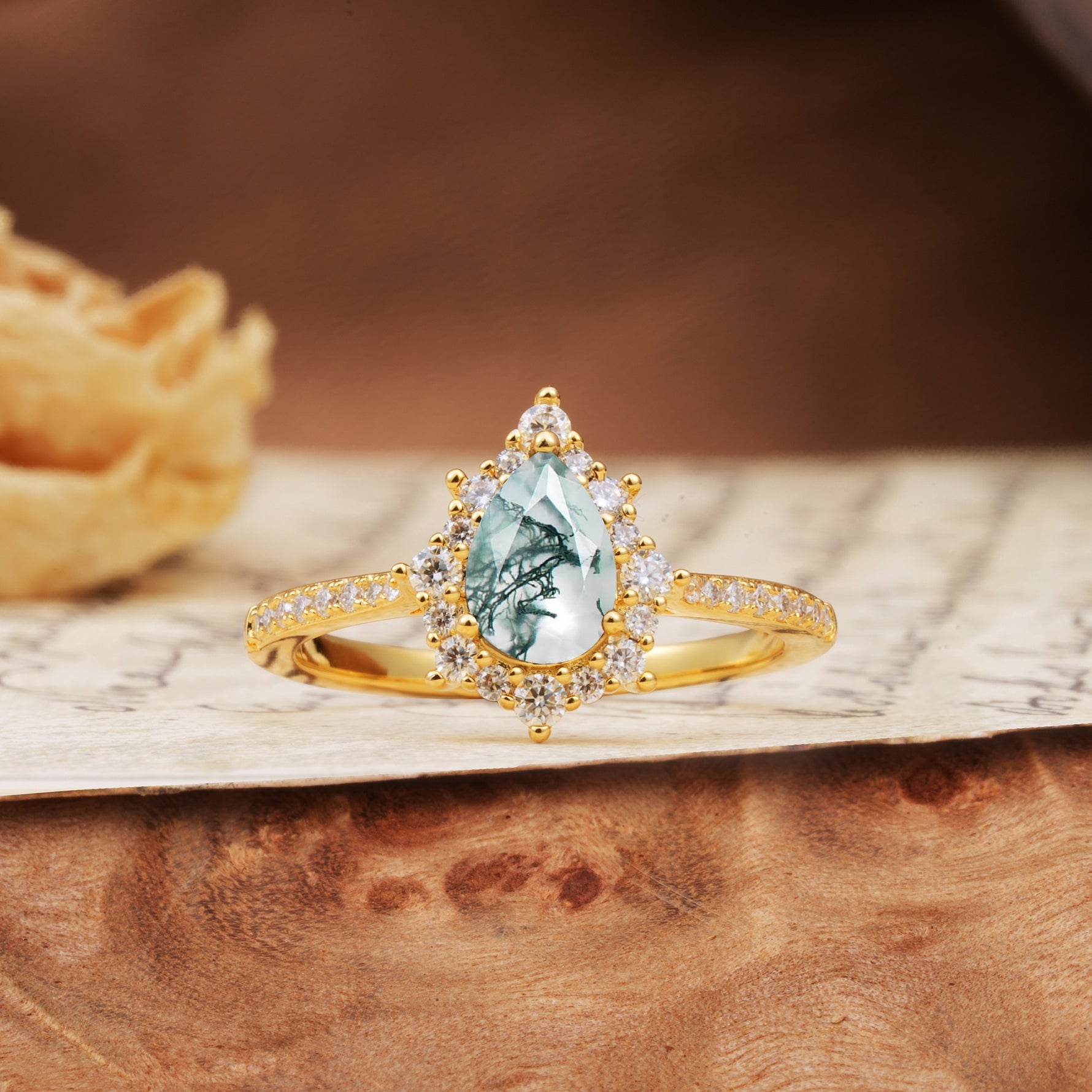 Vintage Classic 3-Prong Pear Cut Moss Agate Engagement Ring - Additional view