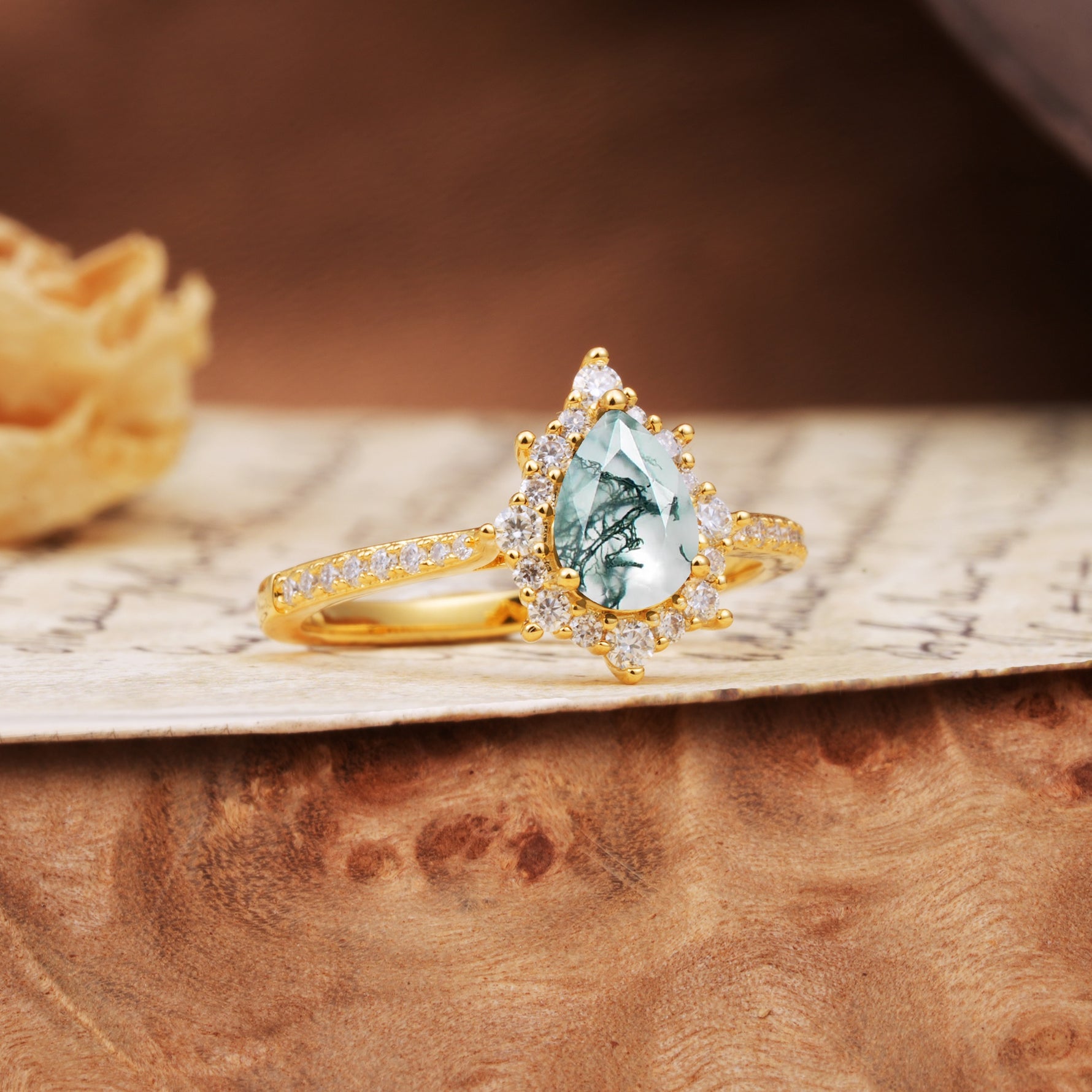 Vintage Classic 3-Prong Pear Cut Moss Agate Engagement Ring - Additional view