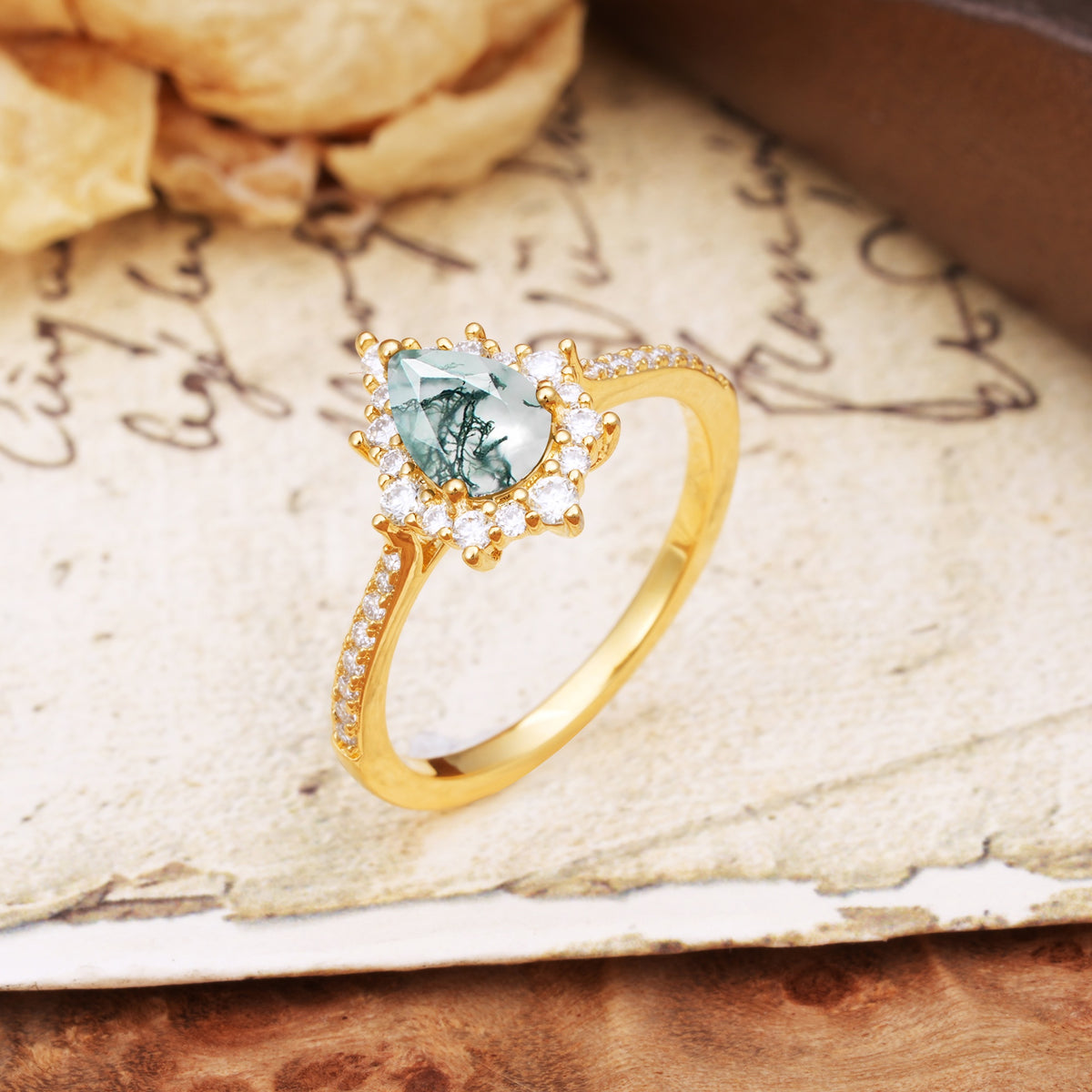 Vintage Classic 3-Prong Pear Cut Moss Agate Engagement Ring - Additional view
