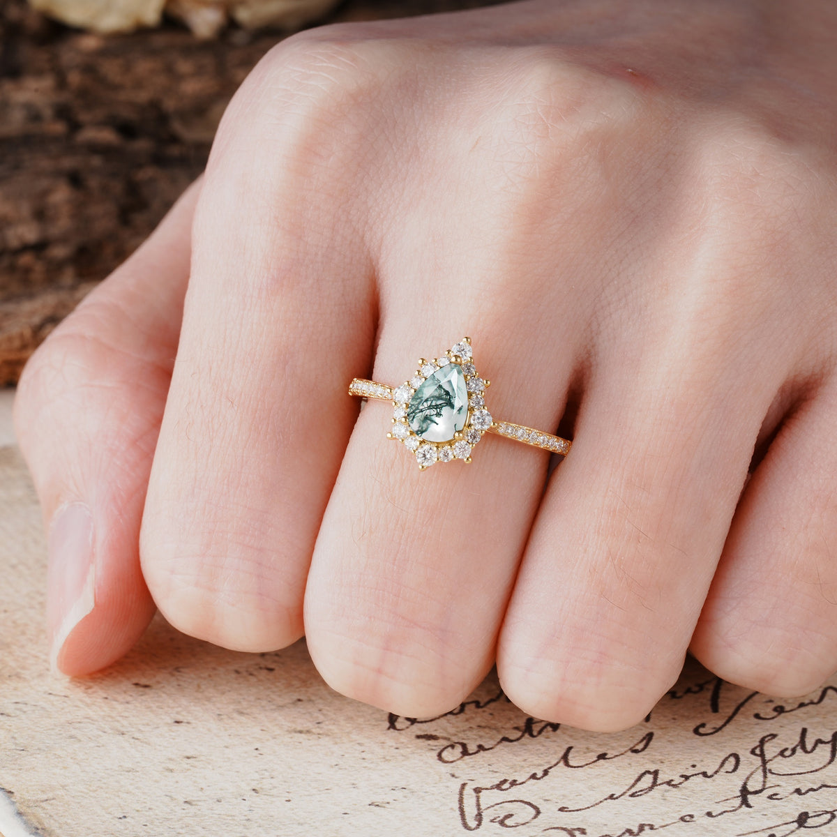 Vintage Classic 3-Prong Pear Cut Moss Agate Engagement Ring - Additional view