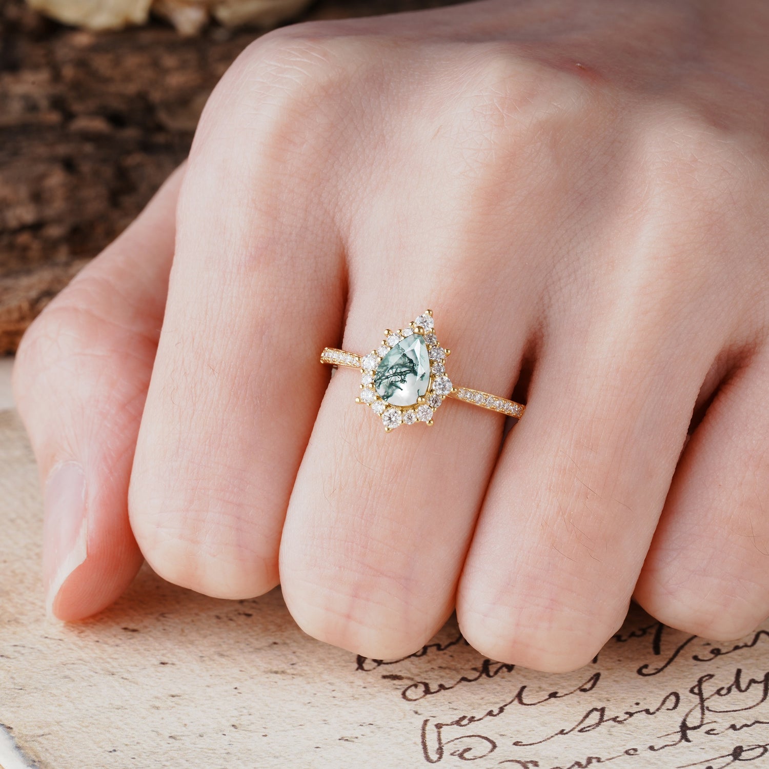 Vintage Classic 3-Prong Pear Cut Moss Agate Engagement Ring - Additional view