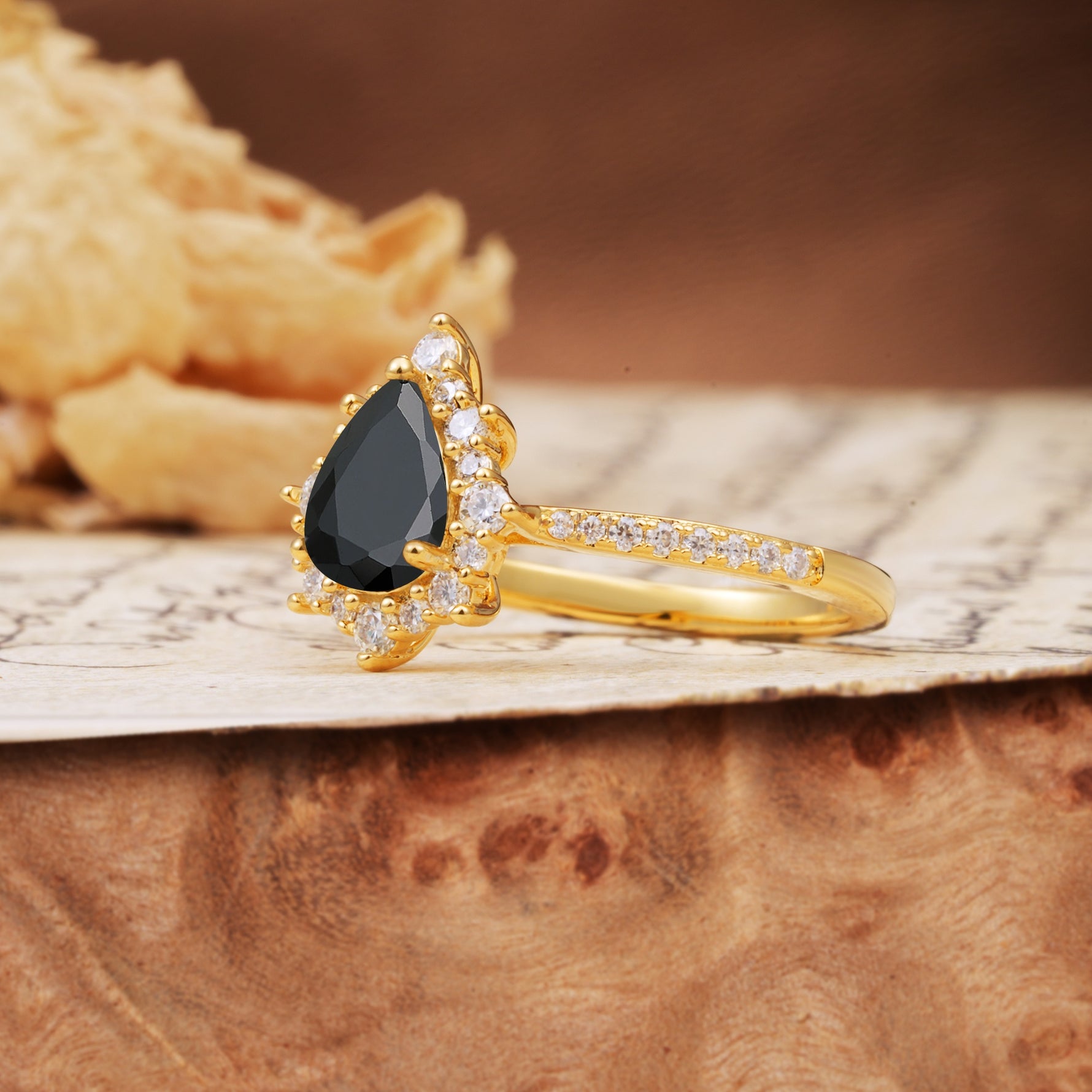 Vintage Classic 3-Prong Pear Cut Black Onyx Engagement Ring - Additional view
