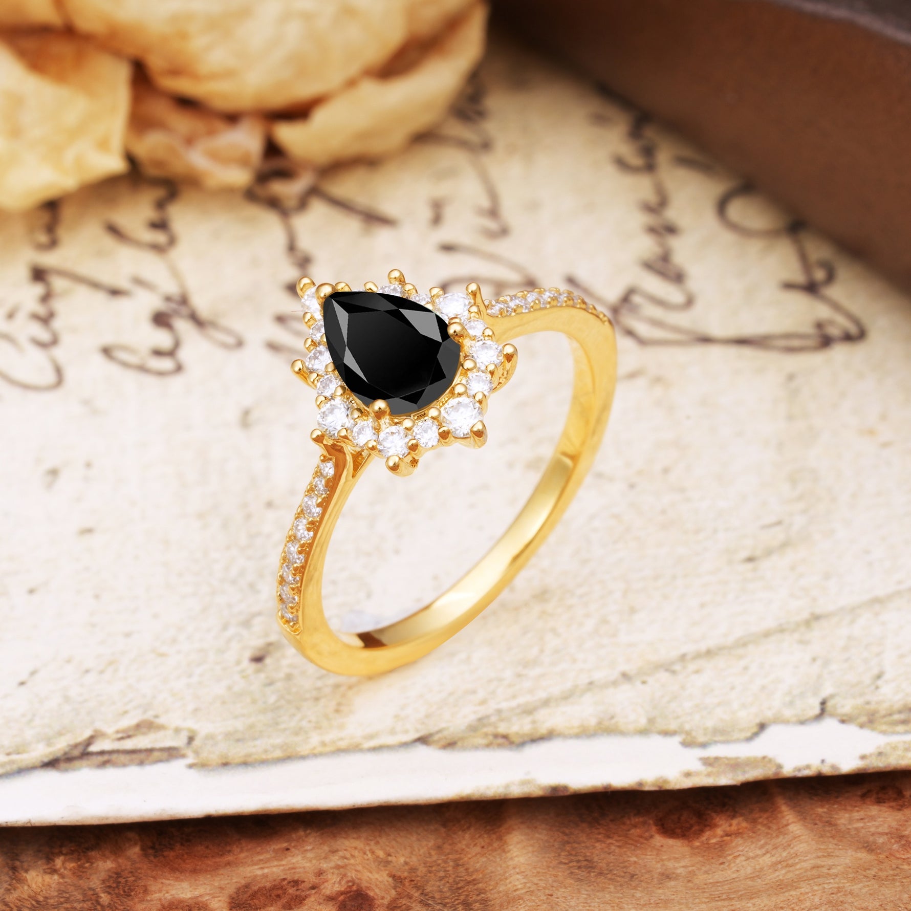 Vintage Classic 3-Prong Pear Cut Black Onyx Engagement Ring - Additional view