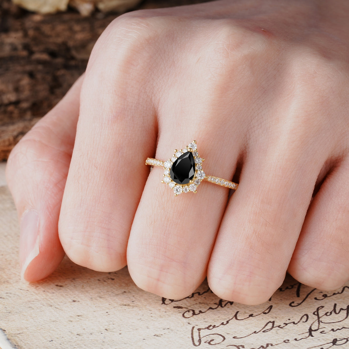 Vintage Classic 3-Prong Pear Cut Black Onyx Engagement Ring - Additional view